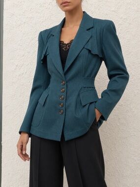 NANETTE LEOPORE Teal Utility Blazer Structured Waist Jacket Romantic Ruffle NWT